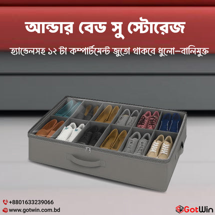Underbed Shoe Storage Organizer – 12 Pair Compartment Box with Handle