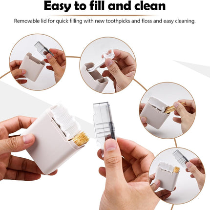 2 in 1 Toothpick & Floss Pick Holder Dispenser with 100 Toothpicks & 30 Floss Sticks,  Portable Dental Floss Picks Dispenser