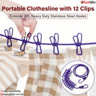 Portable Clothesline with 12 Clips - Extends 12ft, Heavy Duty Stainless Steel Hooks