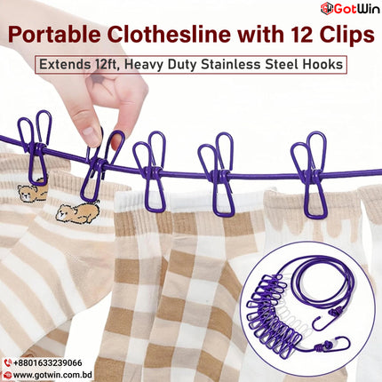 Portable Clothesline with 12 Clips - Extends 12ft, Heavy Duty Stainless Steel Hooks