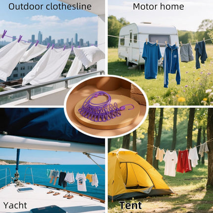 Portable Clothesline with 12 Clips - Extends 12ft, Heavy Duty Stainless Steel Hooks