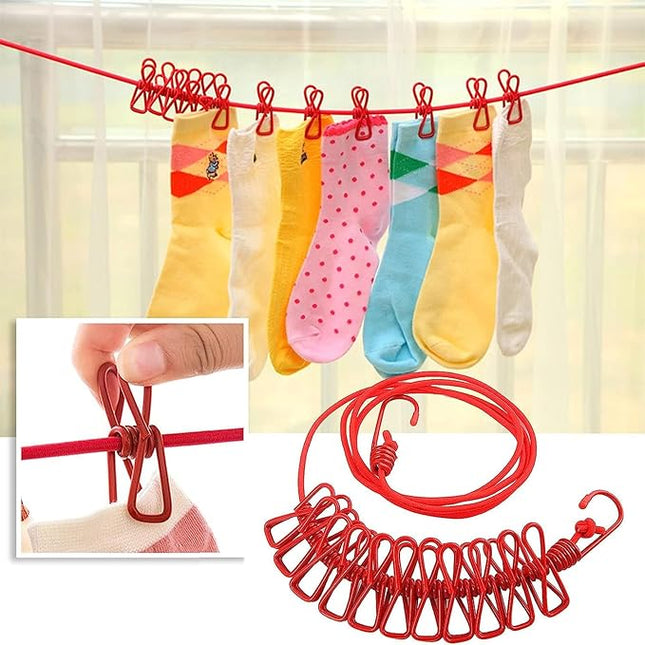 Portable Clothesline with 12 Clips - Extends 12ft, Heavy Duty Stainless Steel Hooks