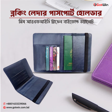 Slim RFID Blocking Leather Passport Holder Travel Bifold Wallet