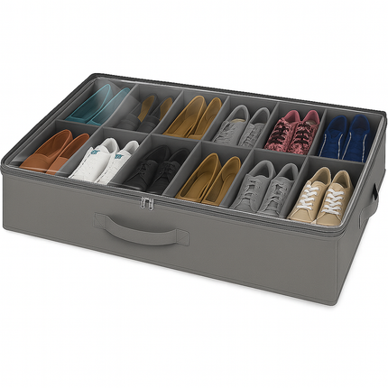 Underbed Shoe Storage Organizer – 12 Pair Compartment Box with Handle