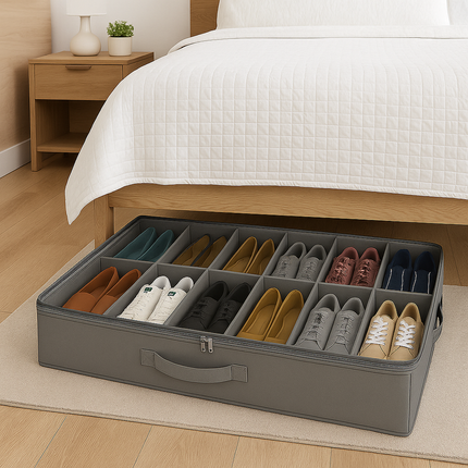 Underbed Shoe Storage Organizer – 12 Pair Compartment Box with Handle