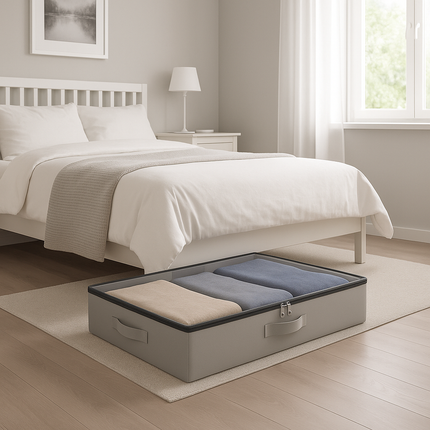 Underbed Storage Organizer with Clear Top, Foldable Box with Dual Zipper & Handles